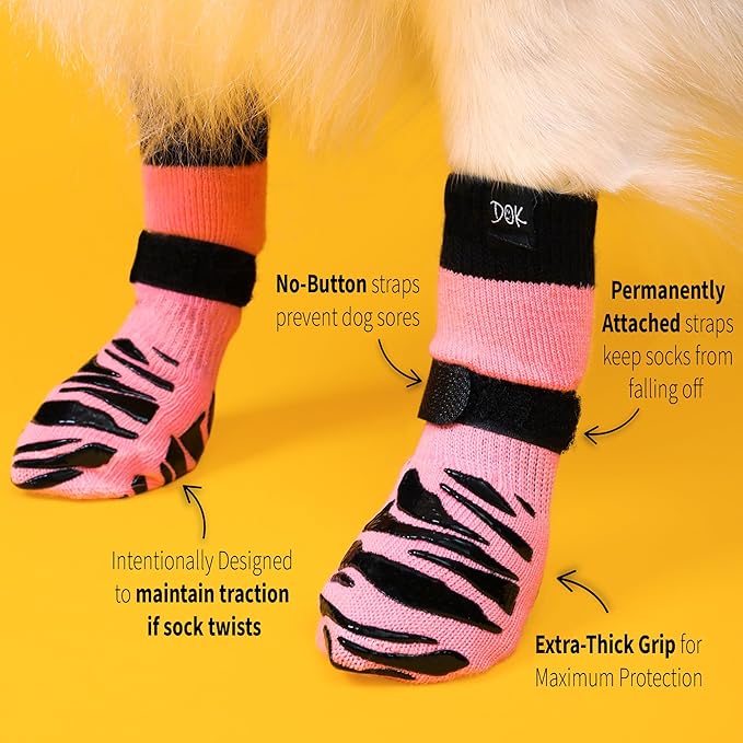 DOK TigerToes Premium Non-Slip Dog Socks for Hardwood Floors - Extra-Thick Grip That Works Even When Twisted - Prevents Licking, Slipping, and Great for Dog Paw Protection (Sassy Pink, Medium)