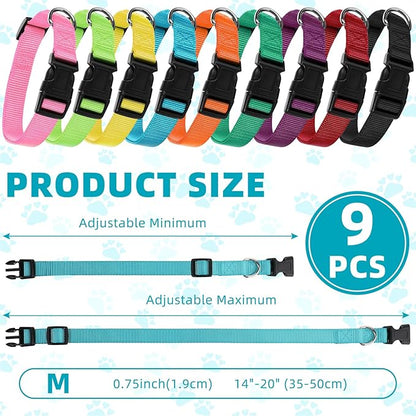 9 Pieces Adjustable Dog Collar for Animal, Soft Nylon Pets Puppy Collar with Quick Release Buckle Holder Bulk for Dogs Walking Running Training(Medium,Bright Colors)