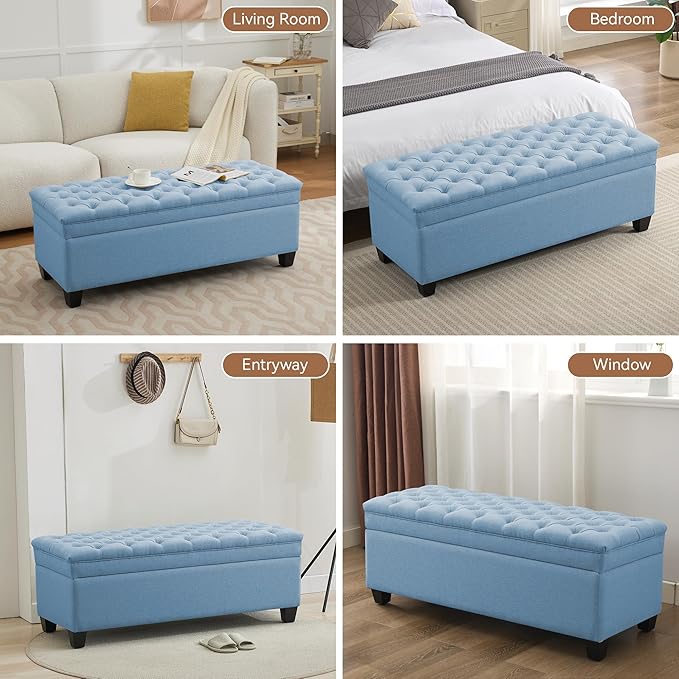 51" Fabric Storage Ottoman Bench, Upholstered Rectangle End of Bed Storage Ottoman Tufted Living Room Bedroom Bench with Safety Hinge, Solid Wood Legs, Loads 500 lb(Light Blue)