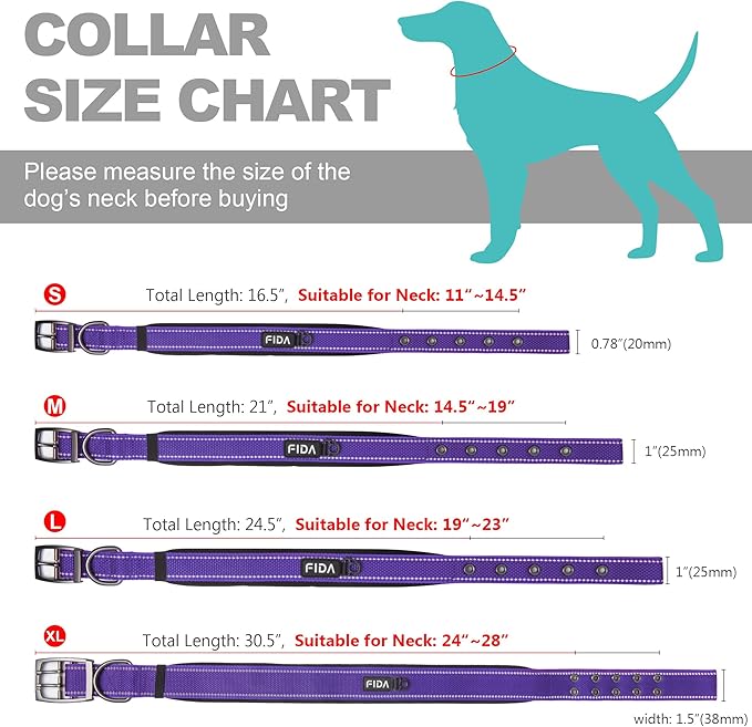 Fida Heavy Duty Dog Collar, Ultra Comfortable Soft Neoprene Padded, Adjustable Reflective Nylon Pet Collar with Durable Metal Belt Buckle for Medium Breeds (M, Purple)