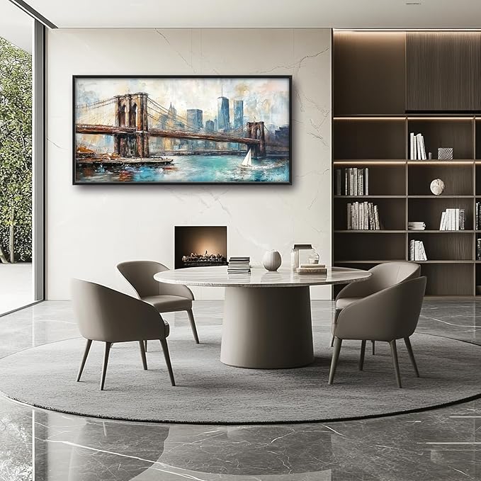 Extra Large Framed Brooklyn Bridge Wall Art,New York City Wall Decor,Abstract Skyline Cityscape Pictures for Living Room,Canvas Print Painting Modern Artwork Bedroom Office Bathroom 60L x30W