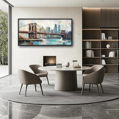 Extra Large Framed Brooklyn Bridge Wall Art,New York City Wall Decor,Abstract Skyline Cityscape Pictures for Living Room,Canvas Print Painting Modern Artwork Bedroom Office Bathroom 60L x30W