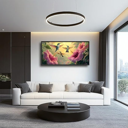 Framed Large Hummingbird Wall Art for Living Room, Oversized Rustic Bird Flower Wall Decor Floral Canvas Painting Nature Sunrise Pictures Modern Artwork for Bedroom Office Dinging Room 60"x30"