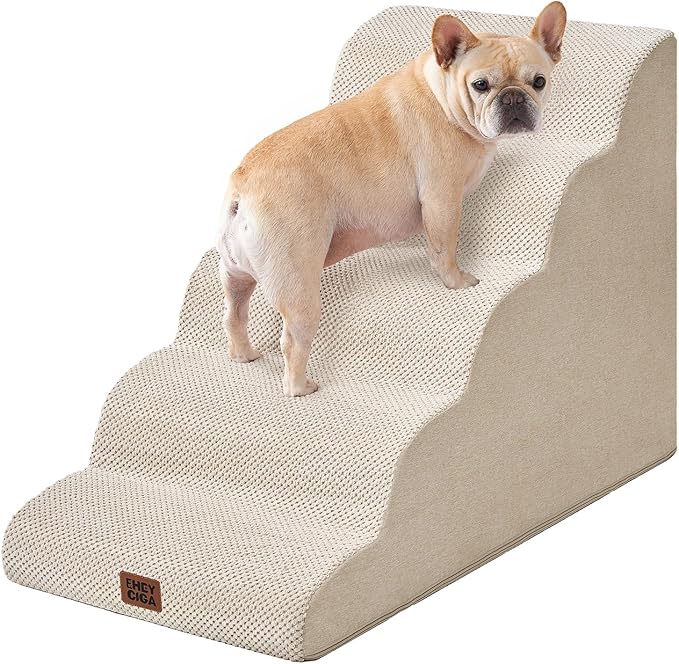 EHEYCIGA Curved Dog Stairs Ramp for High Beds, 5-Step Extra Wide Dog Steps for Small Dogs and Cats, Pet Stairs for High Bed Climbing, Non-Slip Balanced Pet Step Indoor, Beige