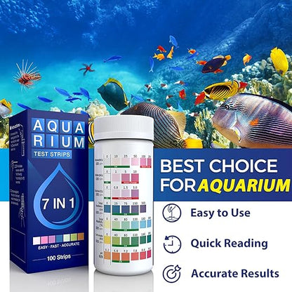 Aquarium Test Strips 7 in 1 for Freshwater 100 Strips Fish Tank Water Testing Kit for Aquarium Pond -Testing Nitrate Nitrite Hardness Chlorine pH Carbonate Alkalinity Accurate