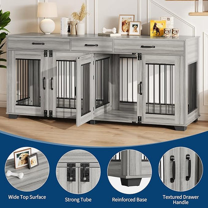 71 Inch Dog Crate Furniture for 2 Rooms, Wooden Double Crate Large Breed with Door, Dog Kennel Indoor, TV Stand End Table with Divider for Large Medium Dogs,Grey
