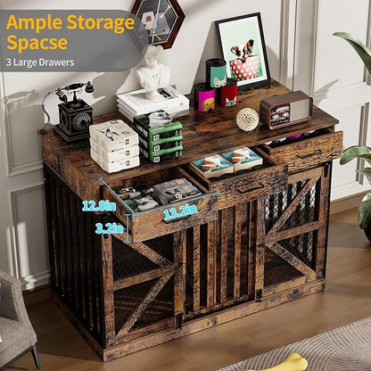 48'' Dog Crate Furniture with Removable Divider & Storage Drawers, Wooden Double Dog Cage TV Stand with 2 Sliding Barn Doors, Multi-Functional Dog Crate End Table for Indoor use (Retro Brown)