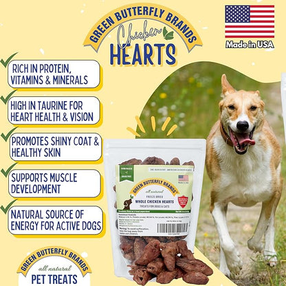 Freeze Dried Chicken Heart Dog Treats Made In USA. All Natural Freeze-Dried Raw Snacks for Dogs and Cats. One Ingredient. High Protein. Heart Health. Irresistible Training Treat