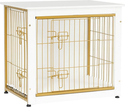 DWANTON Dog Crate Furniture with Cushion, Wooden Kennel Table with Double Doors, Indoor Dog House, Small/Medium/Large Size, 27.2" L, White