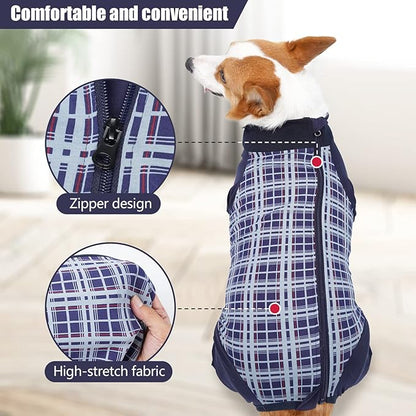 Dog Recovery Suit, Abdominal Wound After Surgery Wear, Anti Licking Bodysuit with Zipper, E-Collar & Cone Alternatives, Plaid Dog Spay Surgical Shirt Prevent Shedding(3XL, Blue)