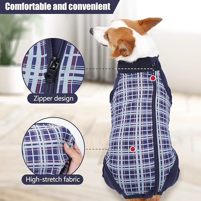 Dog Recovery Suit, Abdominal Wound After Surgery Wear, Anti Licking Bodysuit with Zipper, E-Collar & Cone Alternatives, Plaid Dog Spay Surgical Shirt Prevent Shedding(Small, Blue)