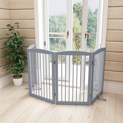 Freestanding Wooden Pet Gate - Foldable Indoor Dog Gate, 80 Inch Wide, 4 Panels, Grey
