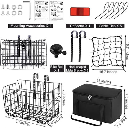 Aodaer Bike Basket with Removable Liner Bag Cargo Net Large Folding Bike Basket Quick Release Metal Ebike Basket Bicycle Storage Basket for Carrying Fruit & Grocery Pets Dogs