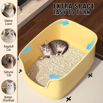 Gefryco Large Cat Litter Box with High Sided 24.6"x18.3"x12.2" - Jumbo Extra Large Open Anti - Splashing High Wall for Multiple Cats (Yellow)