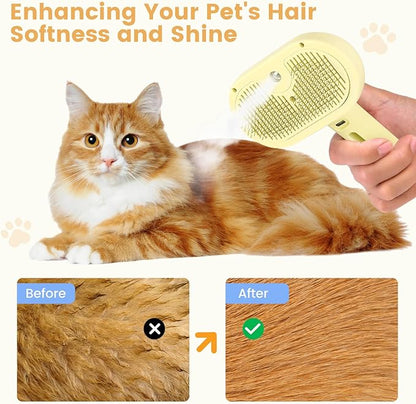 3 in 1 Cat Steam Brush, Pet Spray Hair Removal Comb for Shedding & Grooming, Water Brush for Cats Dogs Small Animals Long Short Haired with One-Click Release Button(Yellow)