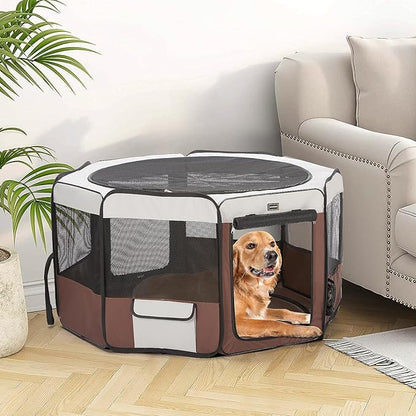 DONORO Dog Playpen Portable Pet Play Pens for Small Dog/Cat/Rabbit/Chicks, Cat Playpen Indoor/Outdoor with Carring Case, Removable Zipper Top and Bottom (Brown, Small (28"x28"x14"), 8)