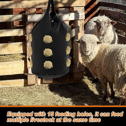 2 Pcs hay Bags for Horses Goats Slow Feed 1680D Oxford Bag Black Large Capacity Net Open Feed Hole Hay Holder for Horse Goats Sheep(15 Holes)