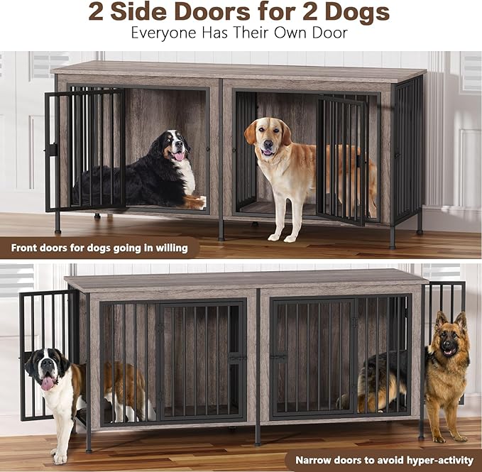 EasyCom 78 Inch Dog Cage Furniture for 2 Pets with Divider, XXL Wooden Double Dog Crate Furniture TV Stand for Mideum and Large Breed, Durable and Sturdy