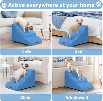 Dog Ramp and Stair for Bed 16" H-20 H,3-Step Cat Stair for Sofa and Chair,4-Step Dog Ramp for High Bed and Window,Durable Nonslip Fabric Cover for Indoor (Blue-16“H, Pet Friendly, 3)