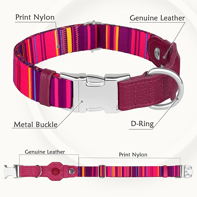 AirTag Dog Collar for Small Medium Large Breed - Adjustable Cute Pattern Dog Collar with Airtag Holder - Soft Leather Tracker GPS Apple Air Tag Pet Collars (Large, 17"-21" Neck Fit, Striped)