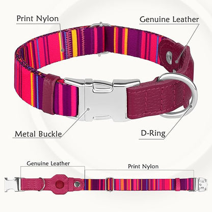 AirTag Dog Collar for Small Medium Large Breed - Adjustable Cute Pattern Dog Collar with Airtag Holder - Soft Leather Tracker GPS Apple Air Tag Pet Collars (Large, 17"-21" Neck Fit, Striped)
