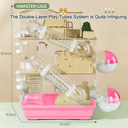 17 in 1 Clear Acrylic Hamster Cage with All Accessories,13.5''L* 10''W* 21''H Dwarf Hamster Cage,Magnetic Connection Small Hamster Enclosure,Garden Style Wooden Mouse Cage for Pet Mice(3-Layer,Pink)