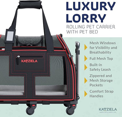 Airline Compliant Pet Carrier - Rolling Portable Travel Carry Crate for Small Dog Puppy or Cat - Soft Removable Wheeled Design with Mesh Window Sides - Airplane and TSA Compliant- by Katziela
