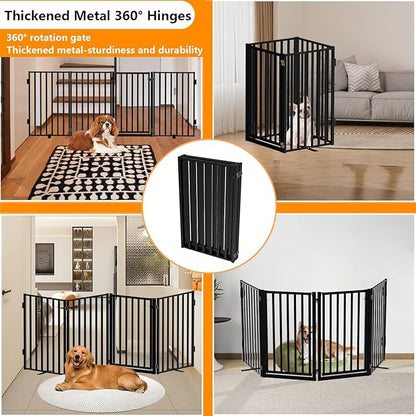 Free Standing Dog Gate with Door for Indoor Outdoor, Portable Dog Fence Foldable Design, Metal Black 32" Tall, Expandable 4 Panels Use for Front Door, Yard, Stairs