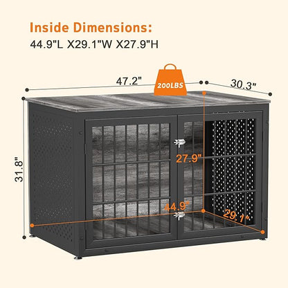 48" Heavy Duty Dog Crate Furniture for Extra Large Dogs, Metal Cage for High Anxiety Dogs, Wooden Kennel Furniture Indoor, Decorative Dog Kennel End Table, XL