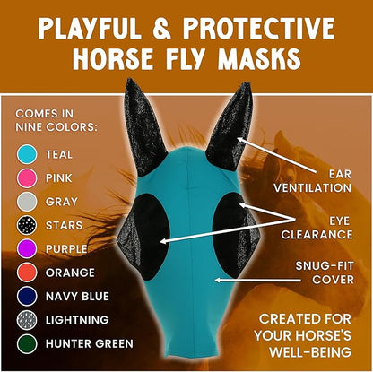 Horse Fly Mask - Arab Equine Fly Mask with Full Coverage for Eye & Ear - Stretchable UV & Sun Protection Flymask for Horses, Ponies & Mini Horses - Horse Face Cover for Pasture & Trail - Lightning