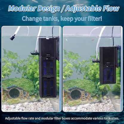 Aquarium Filter Water Flow Adjustable for 20-75 Gallon Fish Turtle Tank 264GPH 4in1 Biochemical Filtration Powerful Submersible Internal Pumps & Filters Keep Freshwater Saltwater Crystal Clear Small