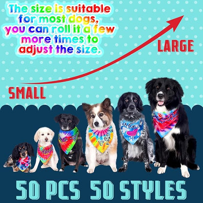 50 Pcs Tie Dye Dog Bandanas Bulk Pet Bibs Colorful Triangle Scarf Tie Dye with Sayings Pet Bandanas for Medium Large Dogs Spring Summer Birthday Costume Decor