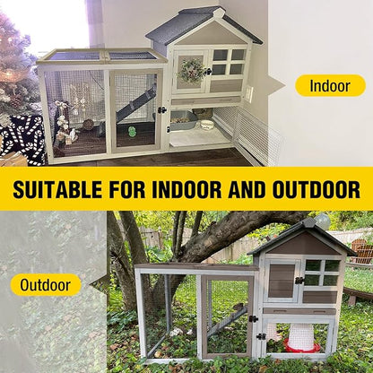Aivituvin Large Rabbit Hutch Indoor Bunny Cage Outdoor with Run Chicken Coop Guinea Pig House with Waterproof Asphalt Roof,No Leakage Pull Out Tray (103.2" L x 25.2" W x 36.2" H,Brown-2 Sets)