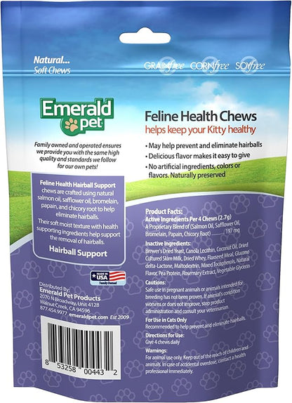 Emerald Pet Feline Health Chews Hairball Support — Natural Grain Free Feline Hairball Control Chews — Hairball Control Cat Supplements for Hairball Prevention and Elimination — Made in USA, 2.5 oz