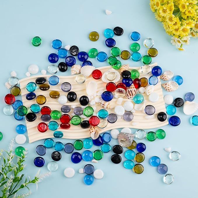 1LB Mix Glass Marbles, Transparent and Smooth Flat Glass Beads for Vases, Mosaic Gem Pebbles for Aquarium Decor, Floral Arrangements, Mancala Stones, Vase Filler and Crafts(Approx. 80-100 PCS)