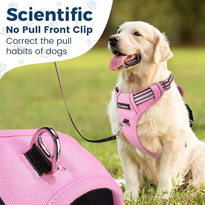 Funfox Dog Harness No Pull, Adjustable Pet Vest Harness, Super Soft Material with Vertical Handle Easy Control, Reflective Night Walking, 2 Leash Clips for Medium Sized Dogs, Pink, M