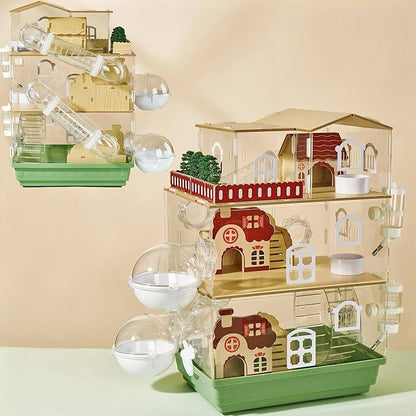 17 in 1 Clear Acrylic Hamster Cage with All Accessories,13.5''L* 10''W* 21''H Dwarf Hamster Cage,Magnetic Connection Small Hamster Enclosure,Garden Style Wooden Pet Mouse Cage for Pet Mice(3-Layer)