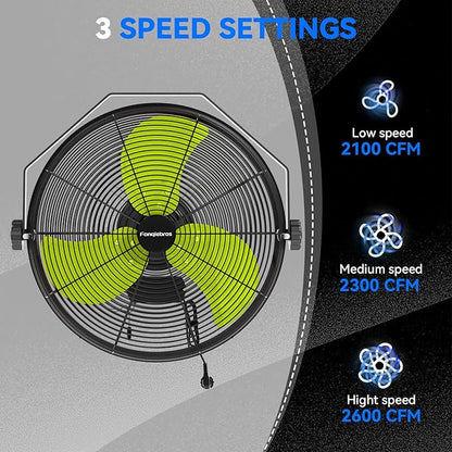 2600 CFM 14 inch Outdoor High Velocity Wall Mounted Fan, 3-Speed Metal Fans with IP44 Enclosure Motor, Industrial Grade Weatherproof Wall Fan for Patio, Greenhouse, Garage, and Gazebo