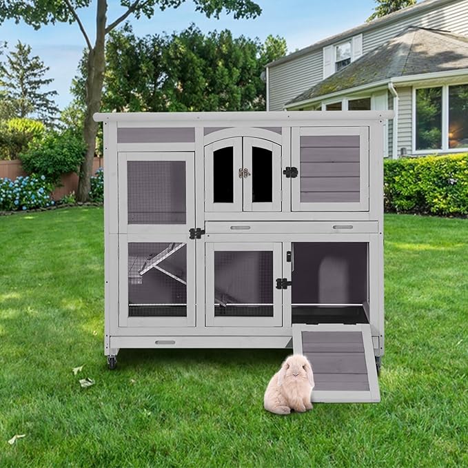 Aivituvin Rabbit Hutch Indoor, Bunny Cage with Wheels, 2-Story Design, 2 Deep Trays, Anti Slip Ramp, Ideal for Small Animals - Grey