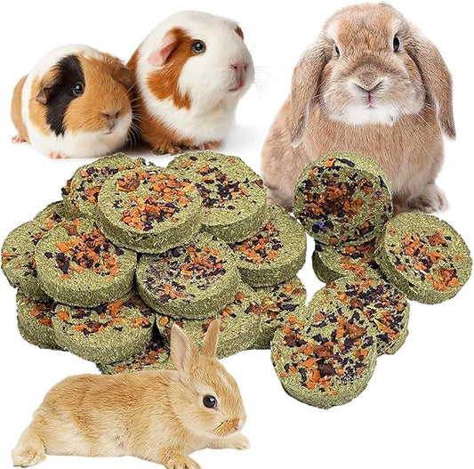 Fhiny 24 PCS Rabbit Chew Toys, Natural Timothy Hay Carrot Pumpkin Purple Potato Biscuit Cubes Bunny Chew Treats for Teeth Care Small Animals Molar Snacks for Hamster Guinea Pig Chinchilla Rat
