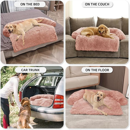 GGIB Calming Dog Bed Fluffy Plush Dog Mat for Furniture Protector with Removable Washable Cover for Large Medium Small Dogs and Cats (Extra Large (53x39.3x6), Pink)