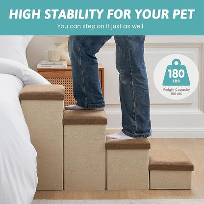 Dog Stairs with Storage, 4-Step Wider Sturdy Dog Steps for Small/Medium/Large Dogs and Older Cats, Folding Doggie Ramp for Bed/Couch/Car Hold Up to 180 lbs (22" H, Brown)