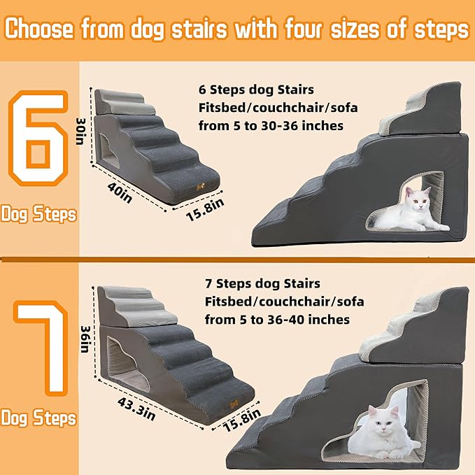 7-Step Dog Stairs for 36 Inch High Beds Small Dogs, Pet Ramp Stairs 20-42 Inch Couch Bed, Non-Slip Balanced Stairs 75lbs for Small Old Large Dogs Cats to Get on Bed