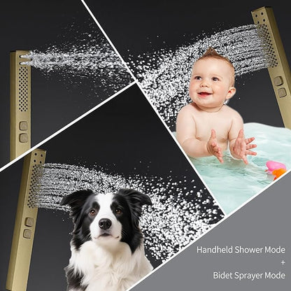 10" Square Rainfall Bathtub and Shower Trim Systems with Rotating Handheld Sprayer, Foldable Tub Spout, Wall-Mounted, Solid Brass Valve with Shampoo Platform- Brushed Gold (Square, Brushed Gold)