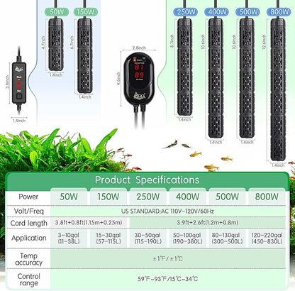 AQQA Fish Tank Heater,Aquarium Heater 50W 150W 250W 400W 500W 800W for 3-220 Gal,Set Temperature 59℉-93℉ Temperature Accuracy,Out of Water or High Temperature Automatic Power Off (250W to 30-50 gal)