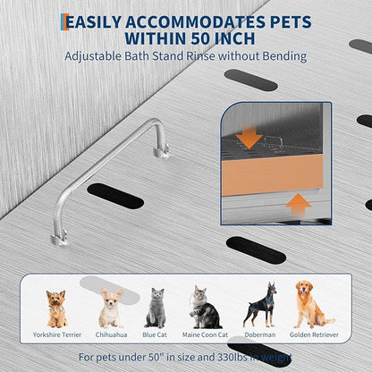 50" Stainless Steel Professional Dog Washing Station - Pet Bathing Tub w/Non-Slip Stairs | Slip-Resistant Floor Grate | for Large/Medium/Small Dogs