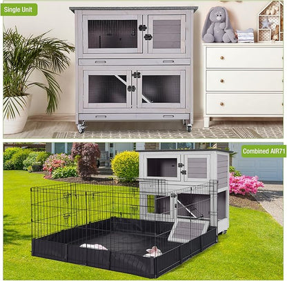 2 Story Rabbit Hutch Indoor Outdoor Rabbit Bunny House Guinea Pig Cage Wooden Pet House for Small Animals with 2 Large Rooms, Chewproof Ramp, Ventilation Door, Removable Trays (Grey)
