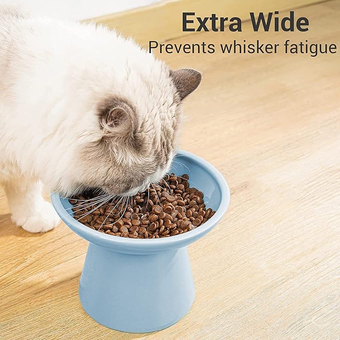 Extra Wide Elevated Ceramic Cat Food Bowl - 6.2" Shallow Dish for Whisker Fatigue Relief, 5" Height for Easy Feeding, Lead & Cadmium Free, Durable Raised Cat Food Bowls, Blue