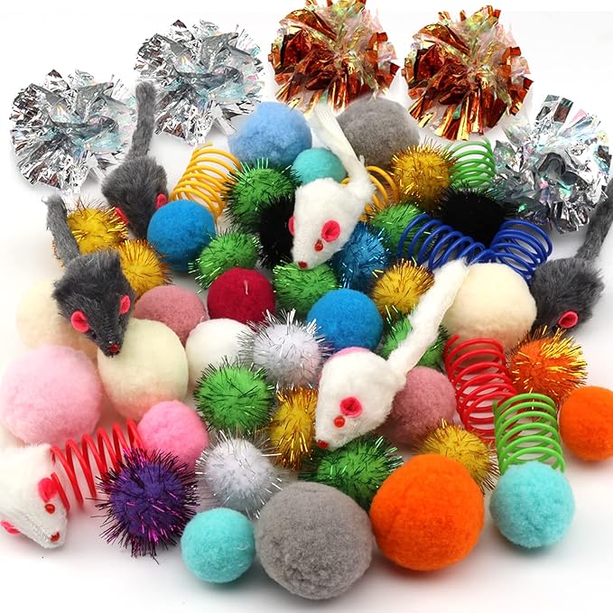 60 Pack Cat Toys - Assorted Kitten, Mouse, Crinkle & Pom Pom Balls