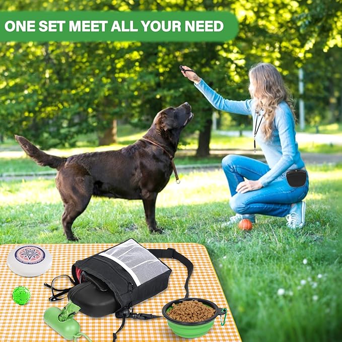 Dog Treat Pouch Pet Training Kit - Silicone Treat Bag Magnetic Closure, Puppy Training Clicker, Dog Whistle, Dog Water Bowls, Poop Bags & Holder, 4 Ways to Wear Walking Fanny Pack - Orange